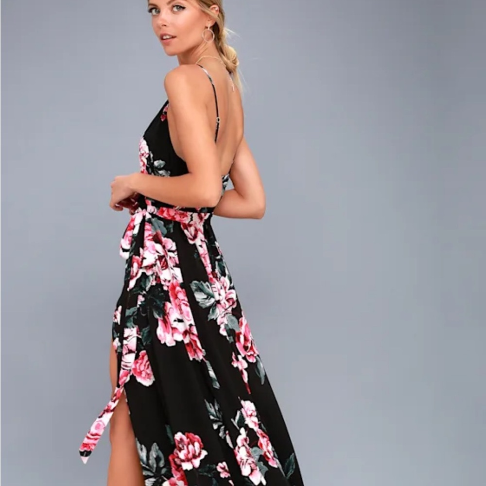 Lulu's Floral Flirtation Black Floral Print Wrap Dress